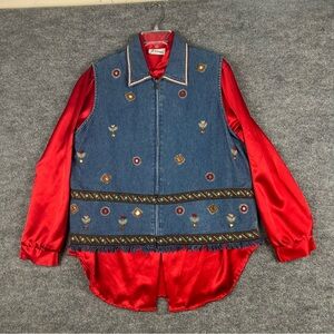 Joanna embroidered denim vest + red satin shirt set (2-piece) – Western/boho XL